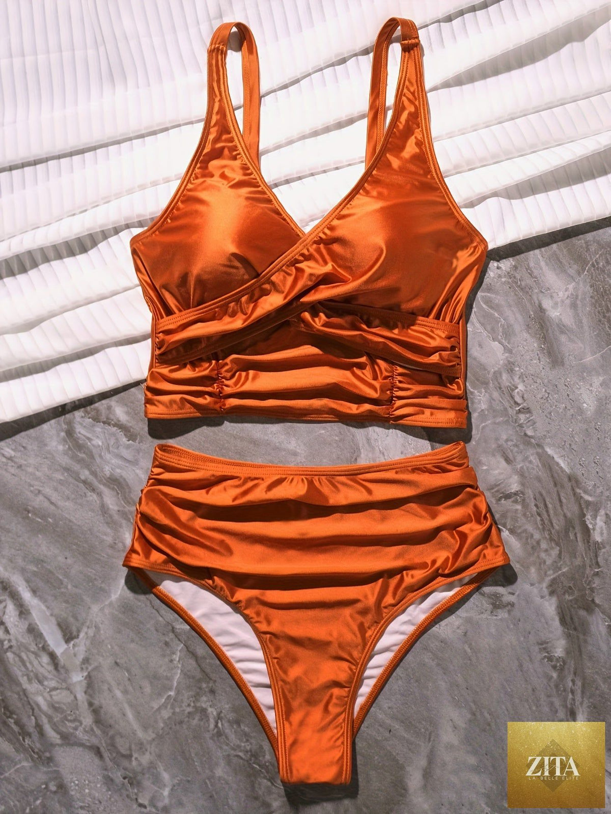 Stevvex black bikini set with twist front, high waist, ruched tummy control, cross strap detail, and quick-drying polyamide fabric.