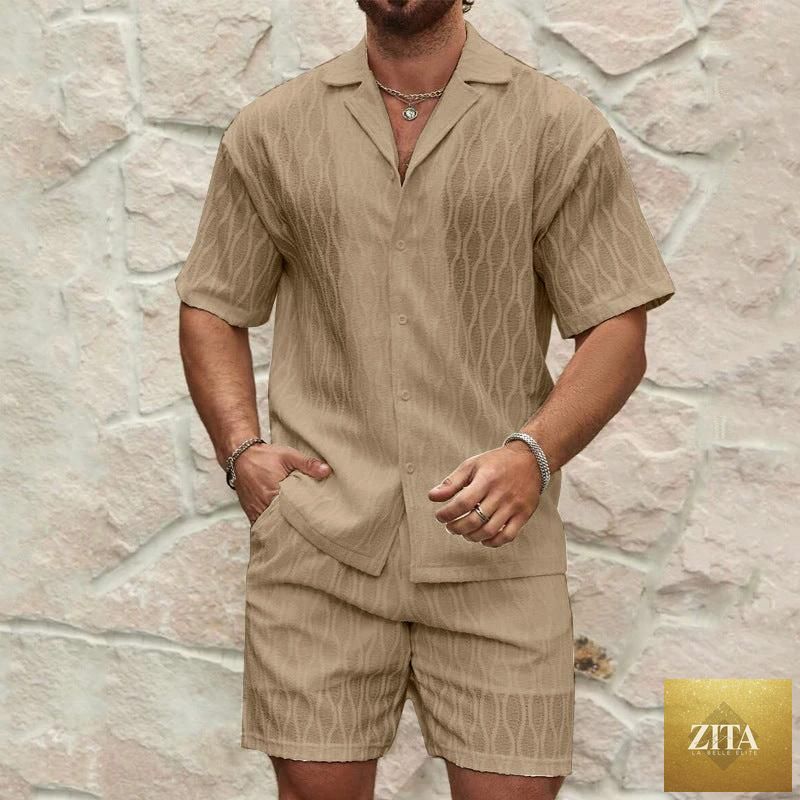 Mandotos men's summer tracksuit 2-piece cover-up swimsuit with lapel shirt and shorts, ideal for beach holidays