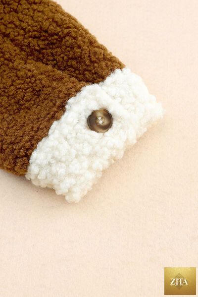 Women cute Sherpa jacket by Stevvex featuring button closure, collared neck, and retro style, shown in a cozy, plush fabric.