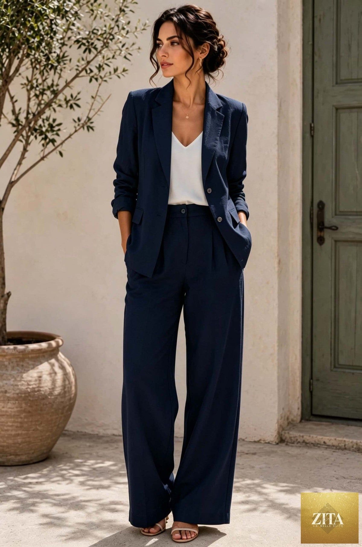 Women's Linen-Look Oversized Double-Breasted Blazer & Wide-Leg Pleated Trouser Suit Set
