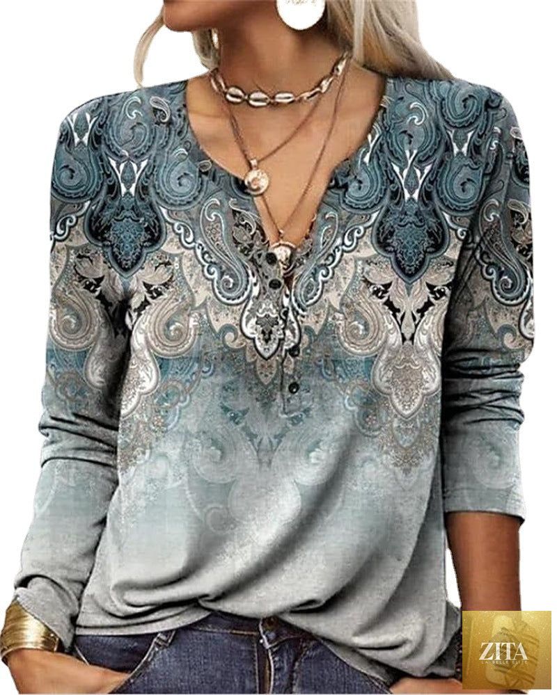 Women's ethnic print V-neck long sleeve casual T-shirt by Zita La Belle Elite with loose fit and vibrant pattern.