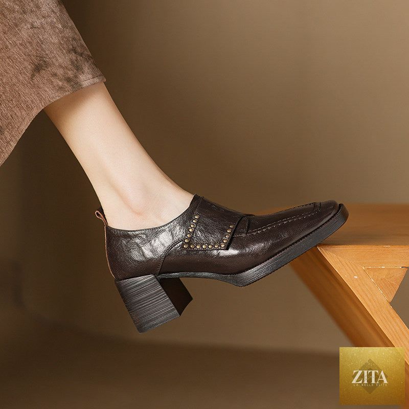 Women's British style square toe chunky heel pumps by Zita La Belle Elite featuring deep vamp design and studded accents.