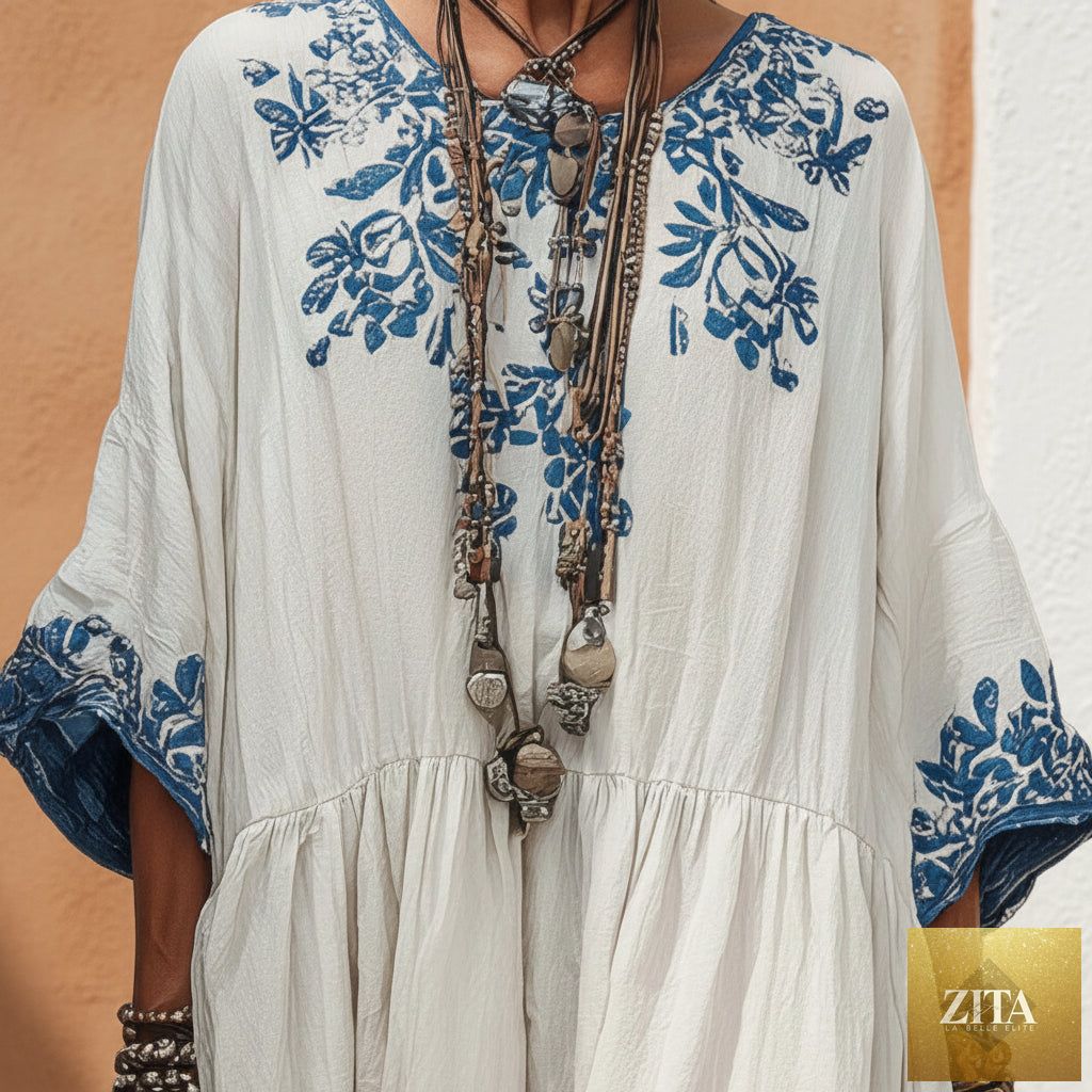 Women's printed batwing sleeve midi dress by Zita La Belle Elite, loose fit linen blend fabric, showcasing the stylish design.