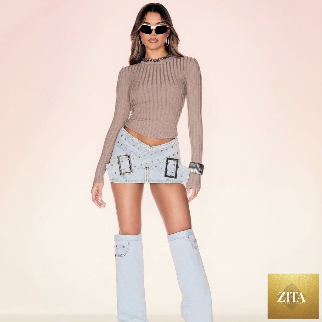 Light blue denim mini skirt for women featuring a bodycon fit and cross-over buckle design by FitiqueFit.