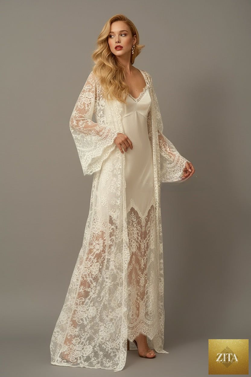 SelenaHuanStudio luxrobe featuring Chantilly lace long robe and silky satin nightgown, shown with intricate lace details and smooth satin fabric.