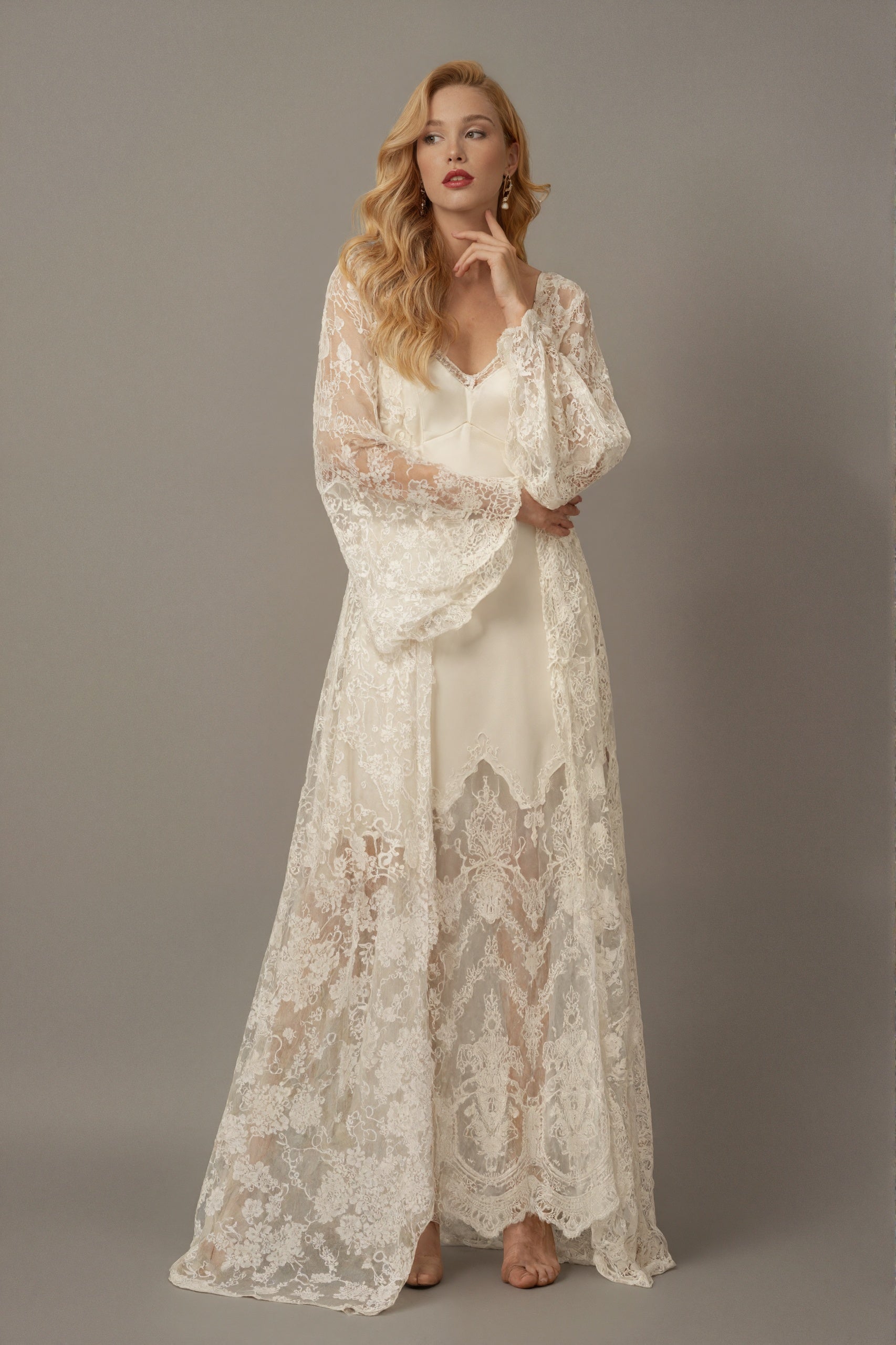 Luxrobe by SelenaHuanStudio featuring a Chantilly lace long robe and silky satin lace nightgown, displayed on a hanger.