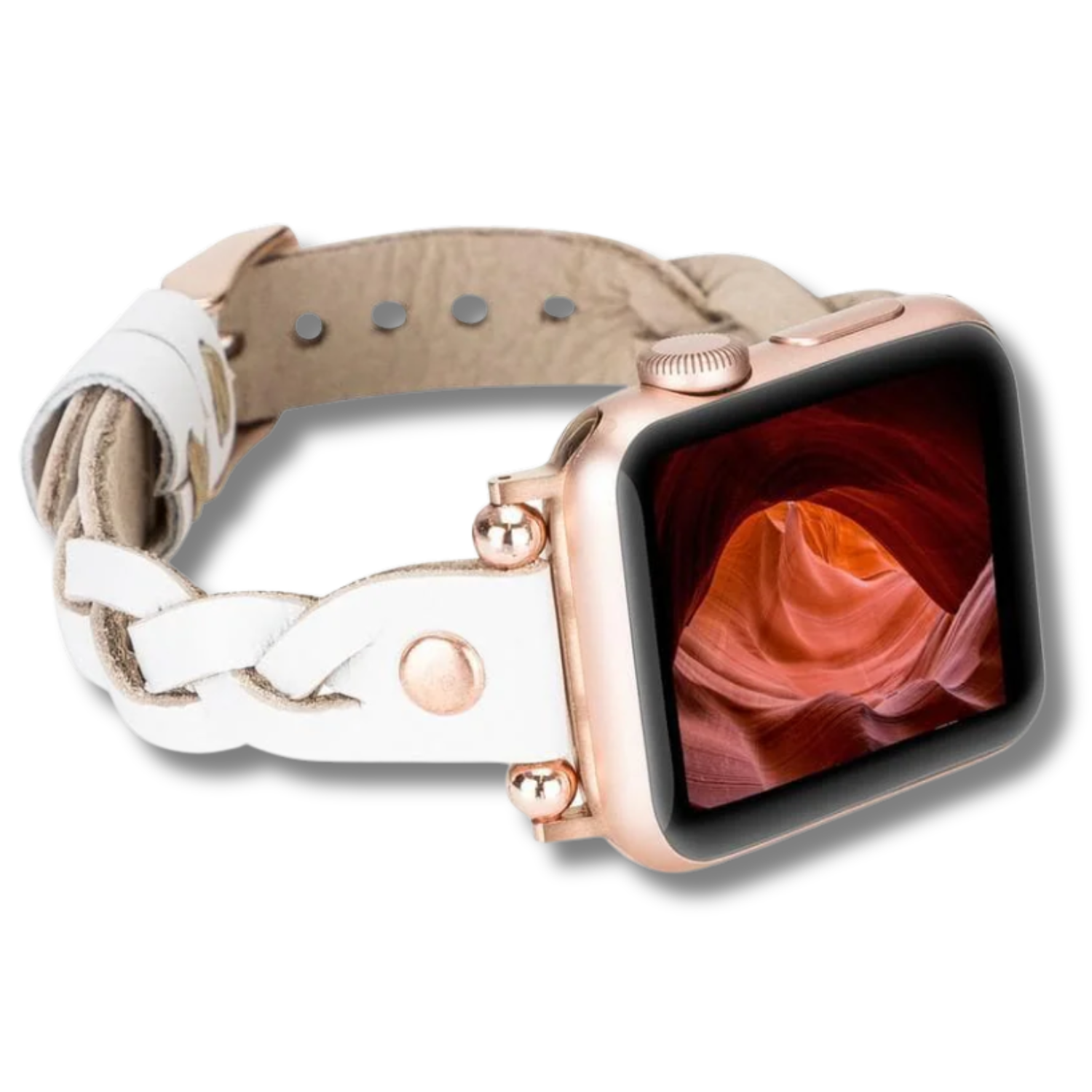 Leather Apple Watch band in white with braided design from LEATHERE, designed for a stylish and comfortable fit.