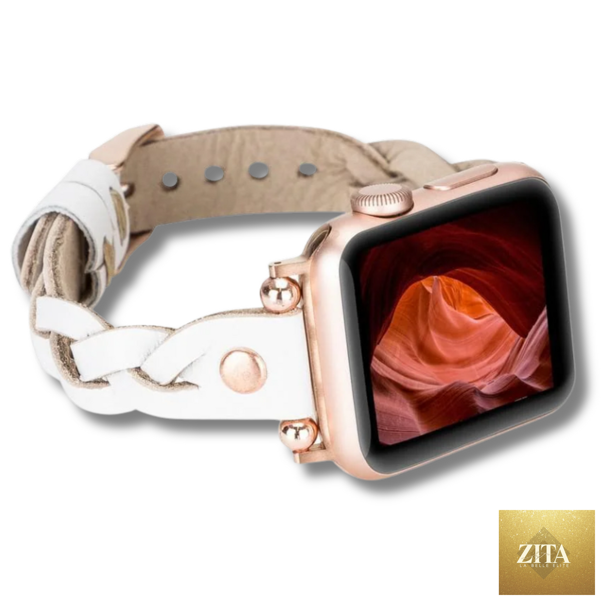 Leather Apple Watch band in white with braided design from LEATHERE, designed for a stylish and comfortable fit.