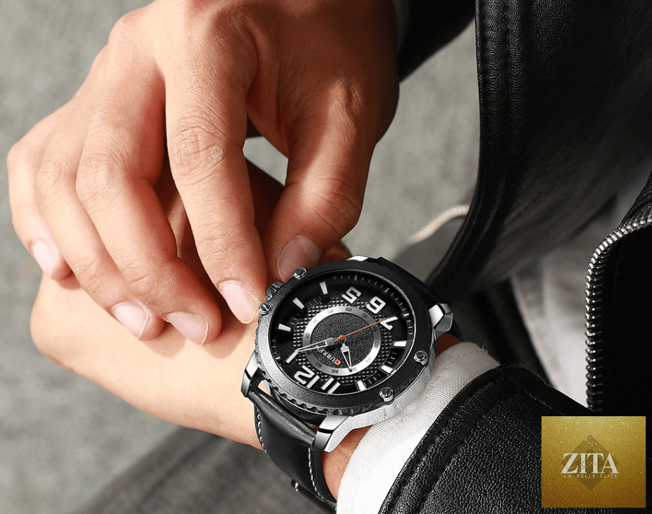 Men's waterproof sport watch by Stevvex with leather belt and large number details, showcasing its unique design and durable features.