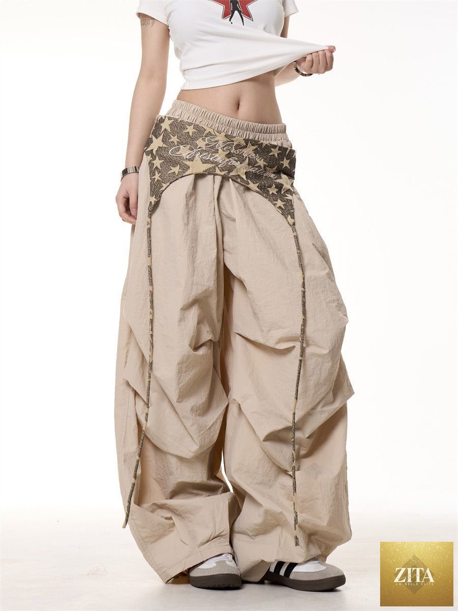 Women's relaxed casual American-style layered cargo pants with tie details, featuring a comfortable and stylish design.