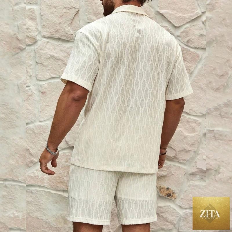Mandotos men's summer tracksuit 2-piece cover-up swimsuit with lapel shirt and shorts, ideal for beach holidays and relaxed wear.