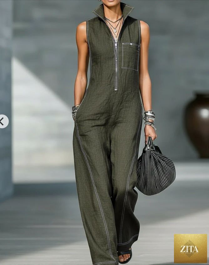 LadyShow summer sleeveless jumpsuit with stand-up collar, pockets, casual style, perfect for women’s summer fashion.