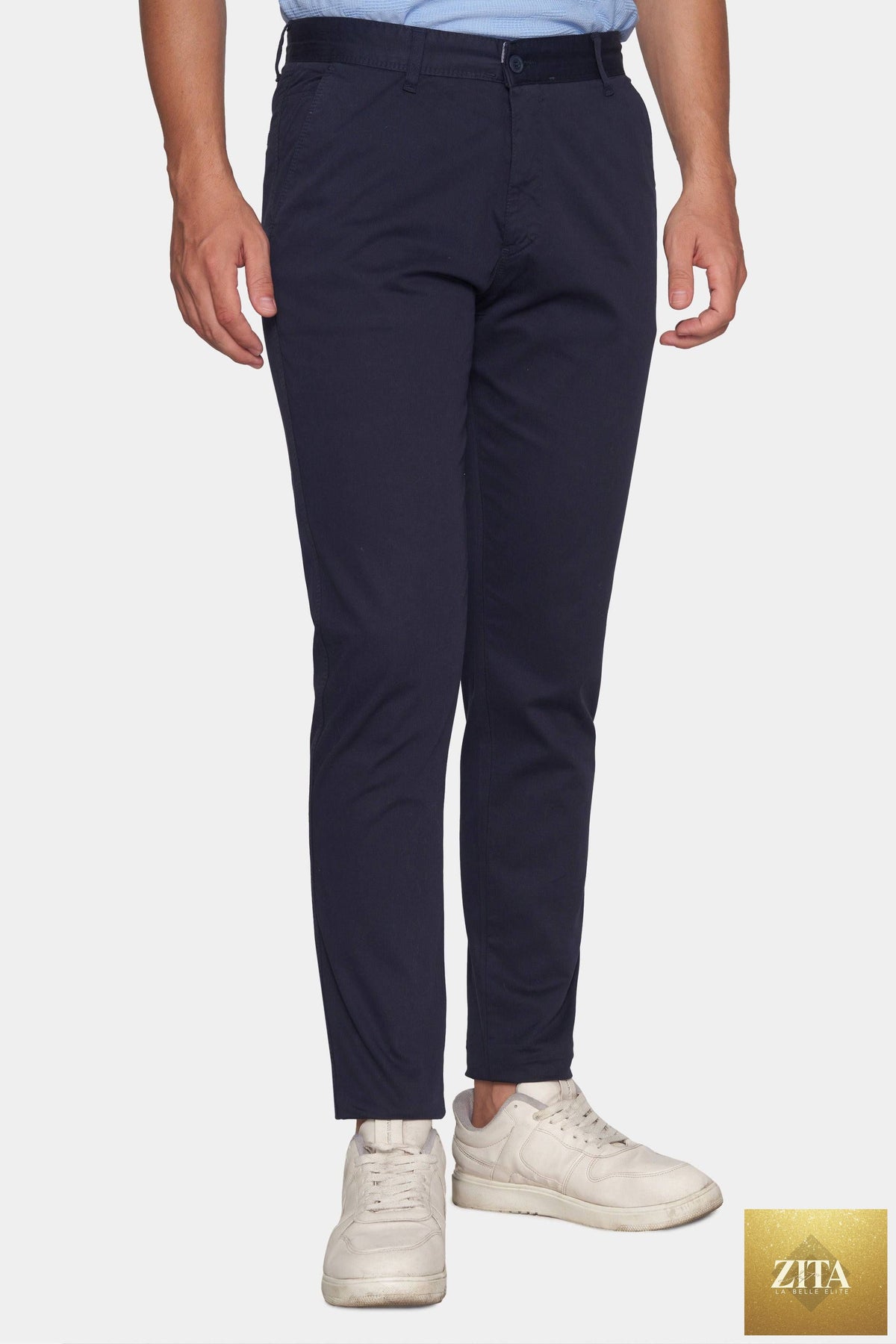 Dark navy Bright Moons Timeless Chino pants with classic fit and clean design, displayed flat on a white background.