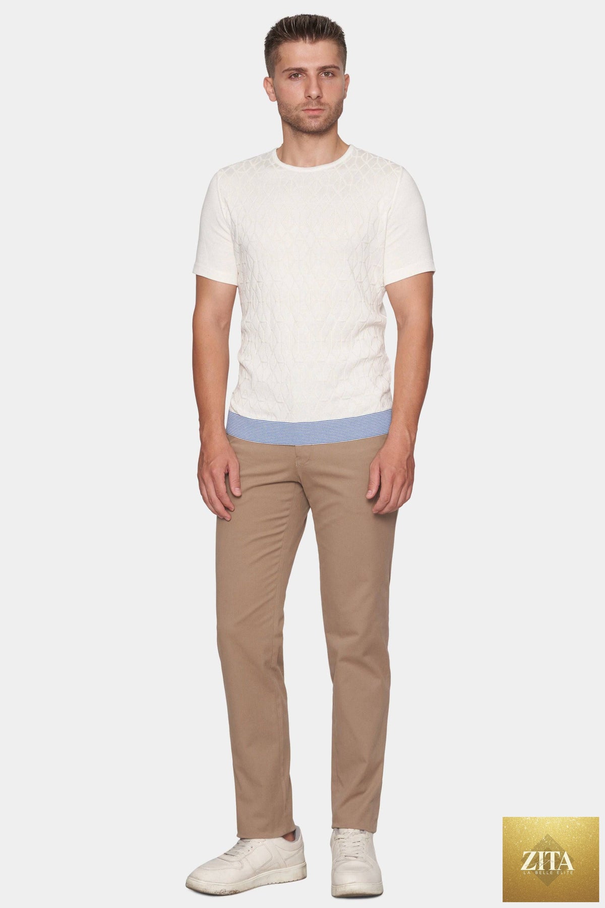 Bright Moons The Time Less Chino in tan, showcasing slim-fit men's chino pants with a classic design and belt loops.