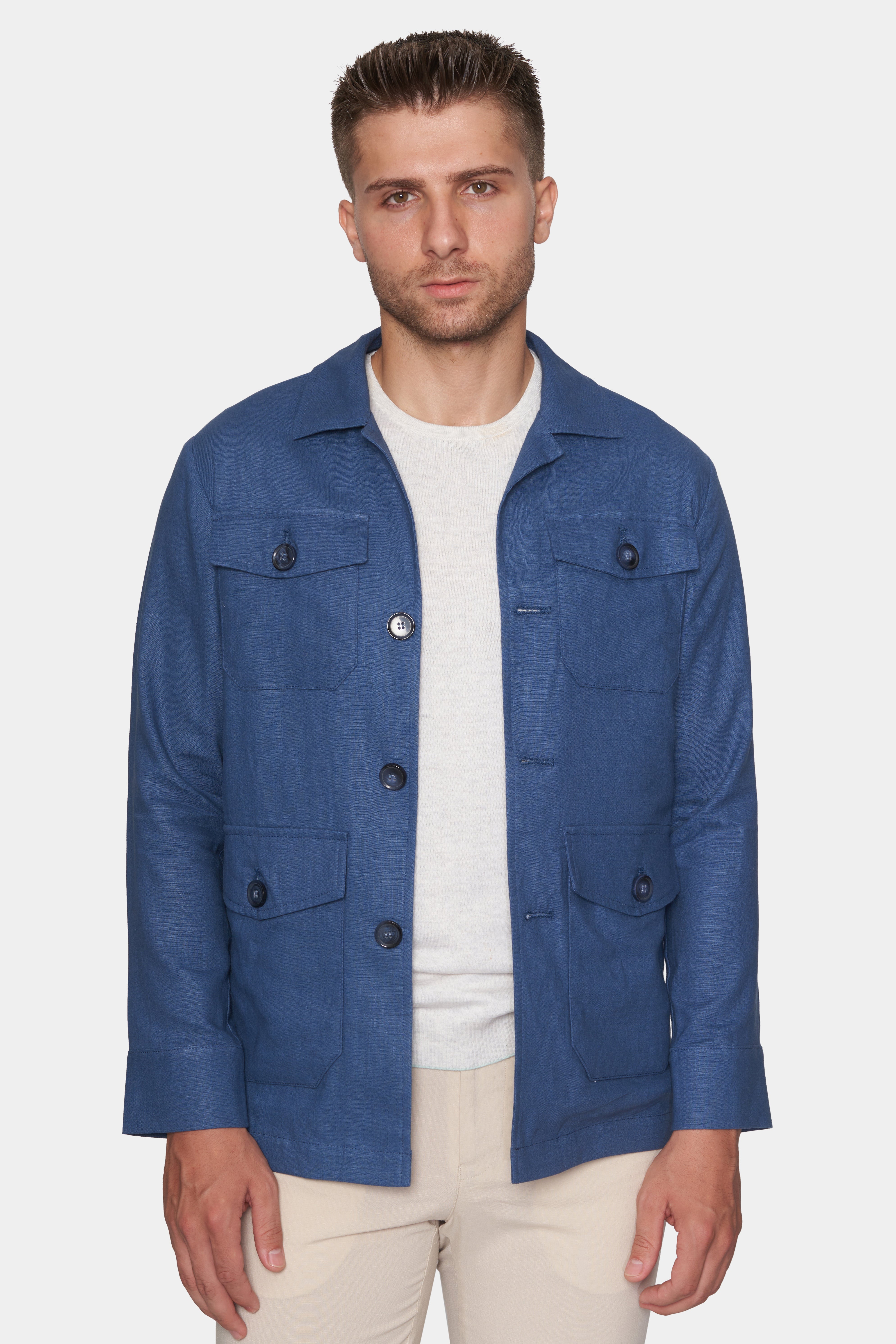 Bright Moons Slim Safari Coat in ocean color, tailored fit with classic collar and button details, shown on a model.