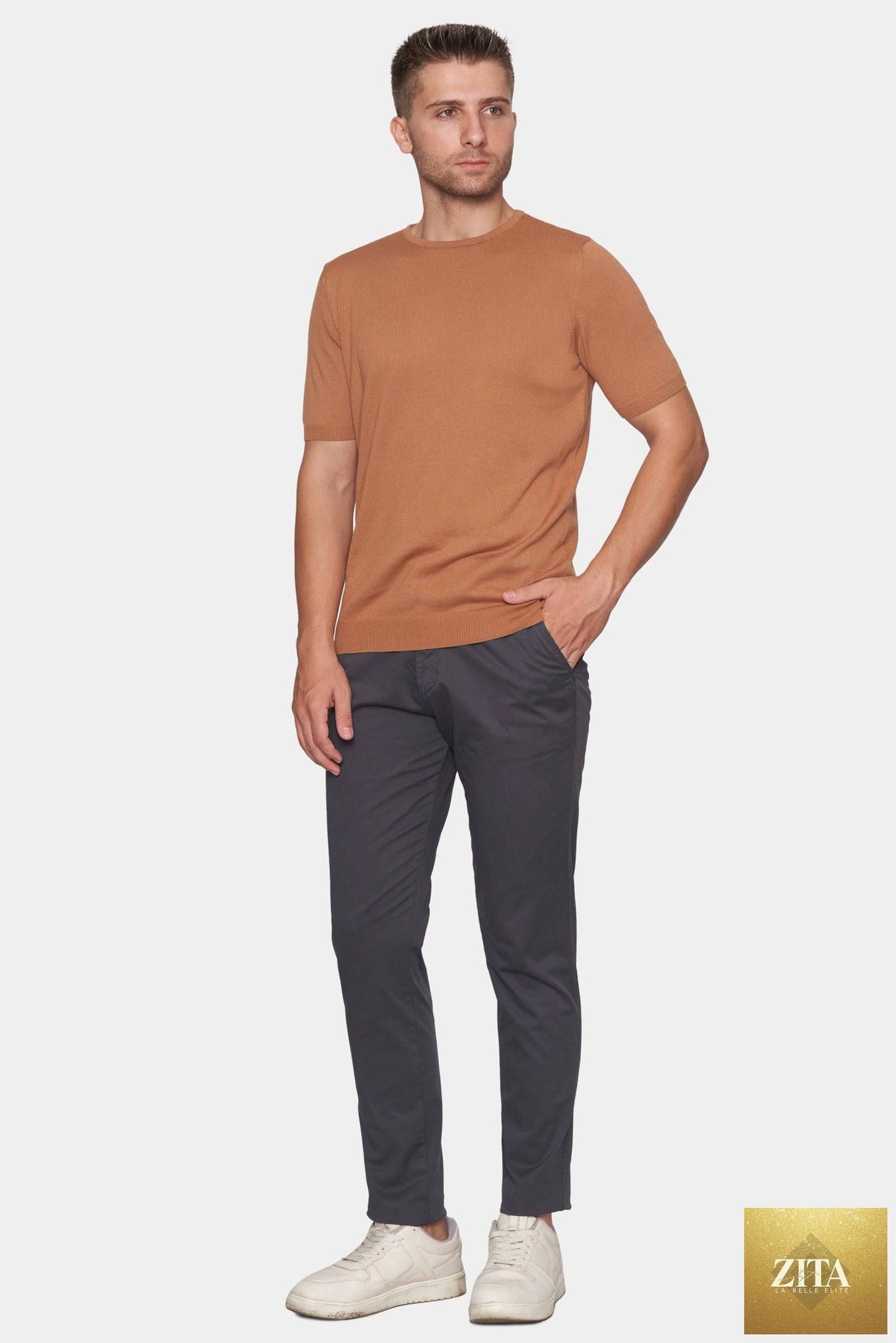 Dark charcoal Bright Moons Timeless Chino pants, classic fit with front pockets and belt loops, casual men's trousers.
