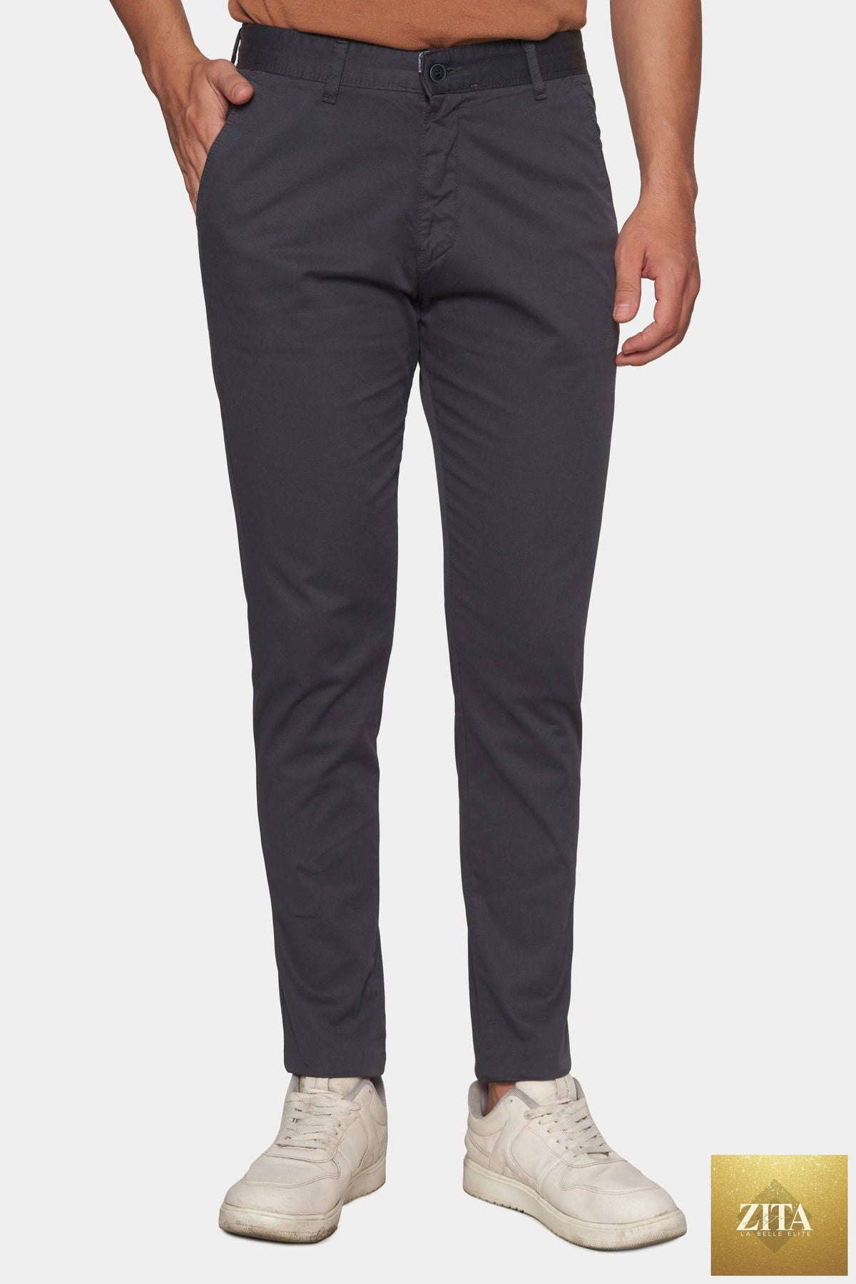 Pair of Bright Moons The Timeless Chino in charcoal, showcasing classic fit and fabric texture on a neutral background.