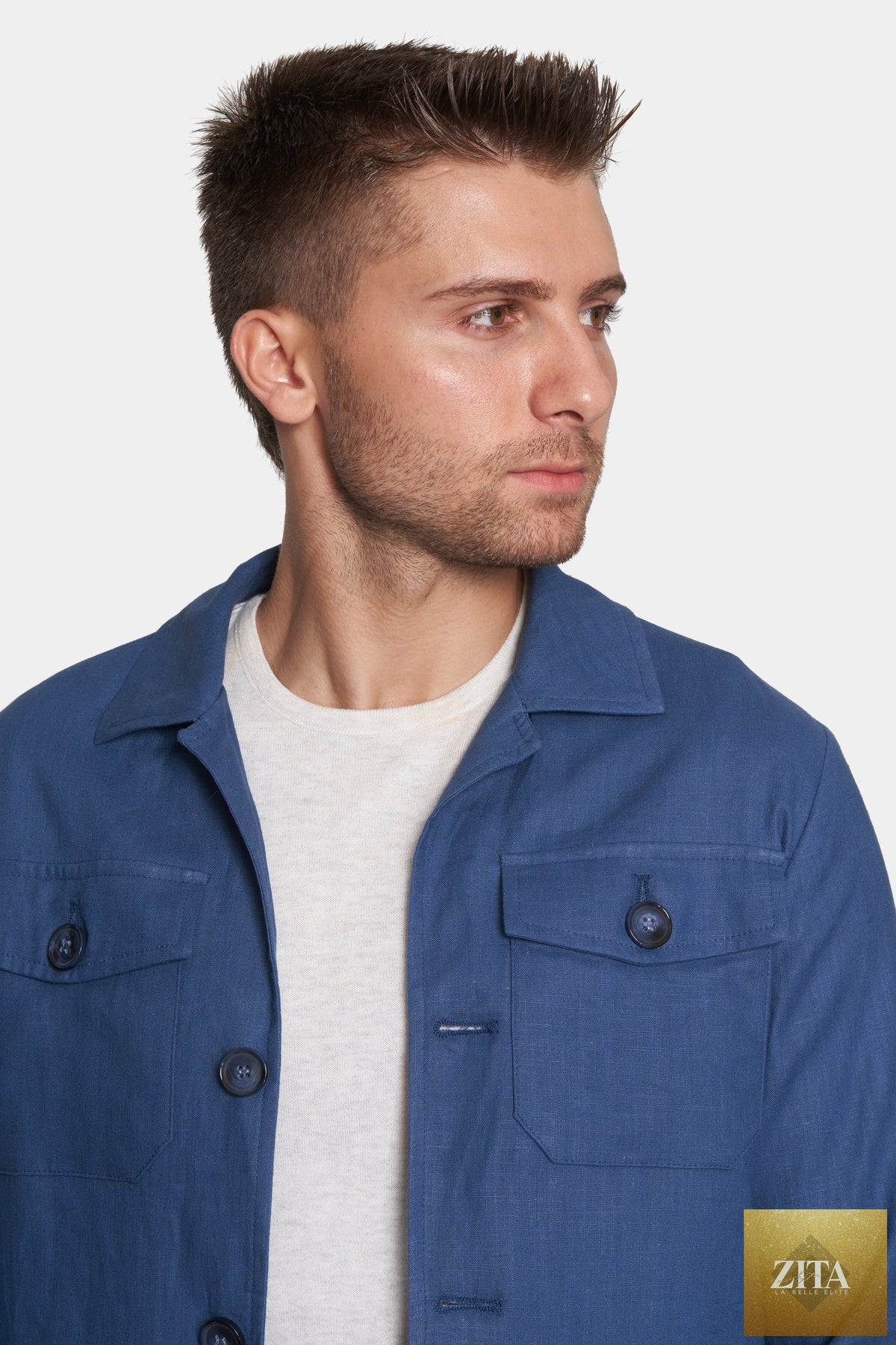 Bright Moons Slim Safari Coat in ocean blue, featuring a tailored fit with front pockets and a classic collar.