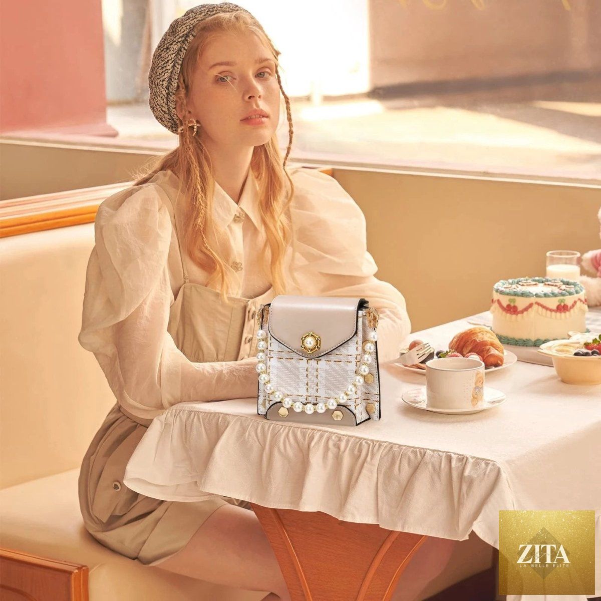 Mandotos women's crossbody bag featuring a pearl chain, cute princess design, shoulder strap, perfect for summer phone carrying.
