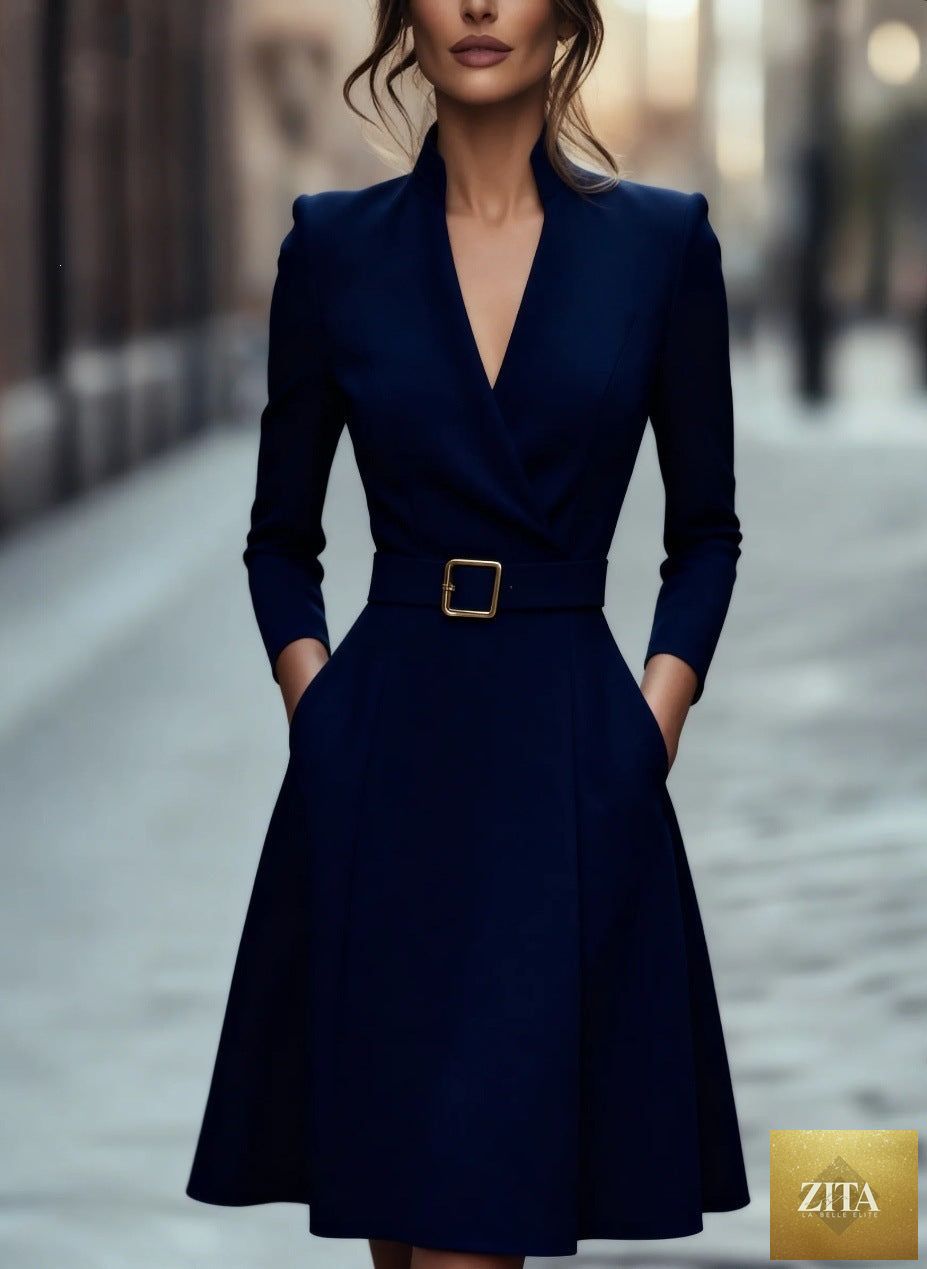 Women's V-neck long sleeve swing dress by FitiqueFit, casual midi dress perfect for autumn and winter seasons.