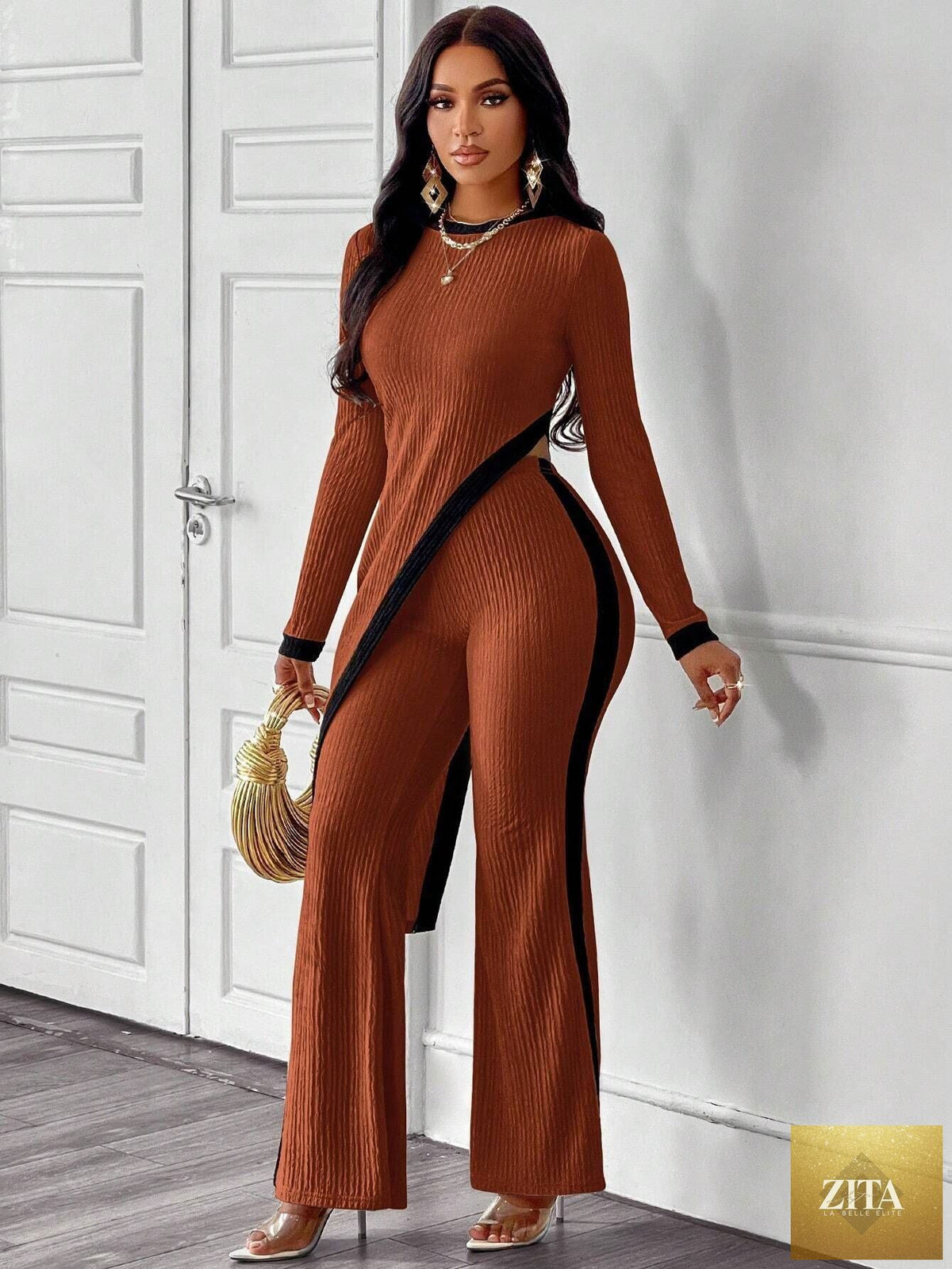 Fall women’s long sleeve contrast color split T-shirt and stitching trousers two-piece set by Wanita Store, casual and stylish.