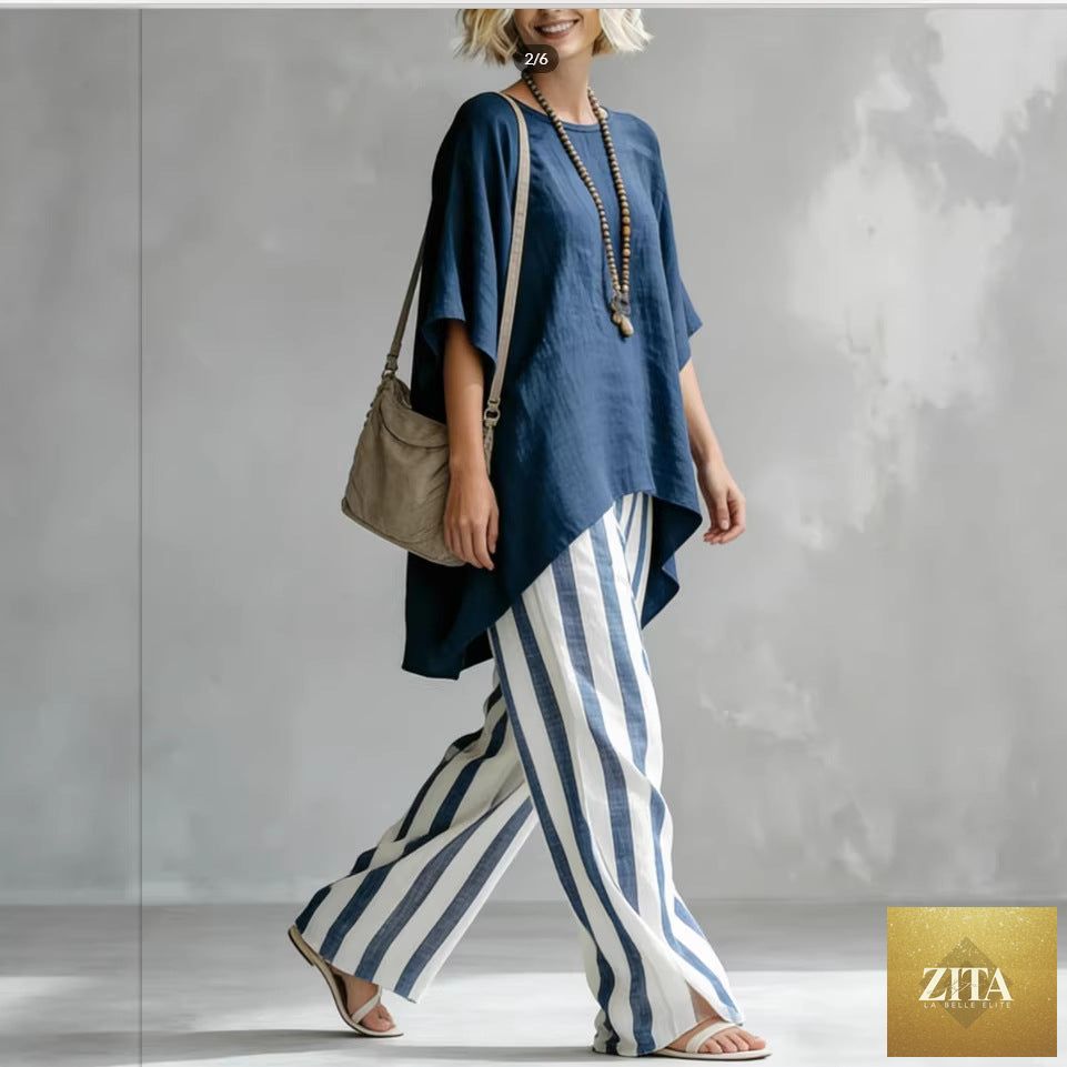 Women's striped batwing-sleeve linen two-piece set by Zita La Belle Elite, featuring loose fit and casual stylish design.