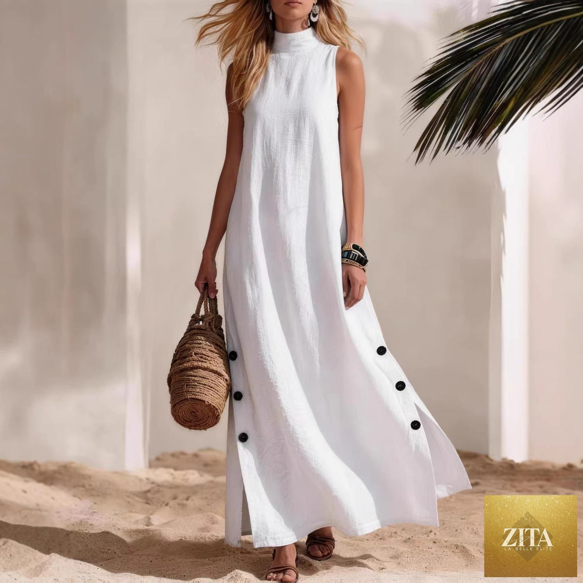 FitiqueFit cotton linen sleeveless midi dress with side slits, loose fit, casual summer dress, lightweight and breathable fabric.