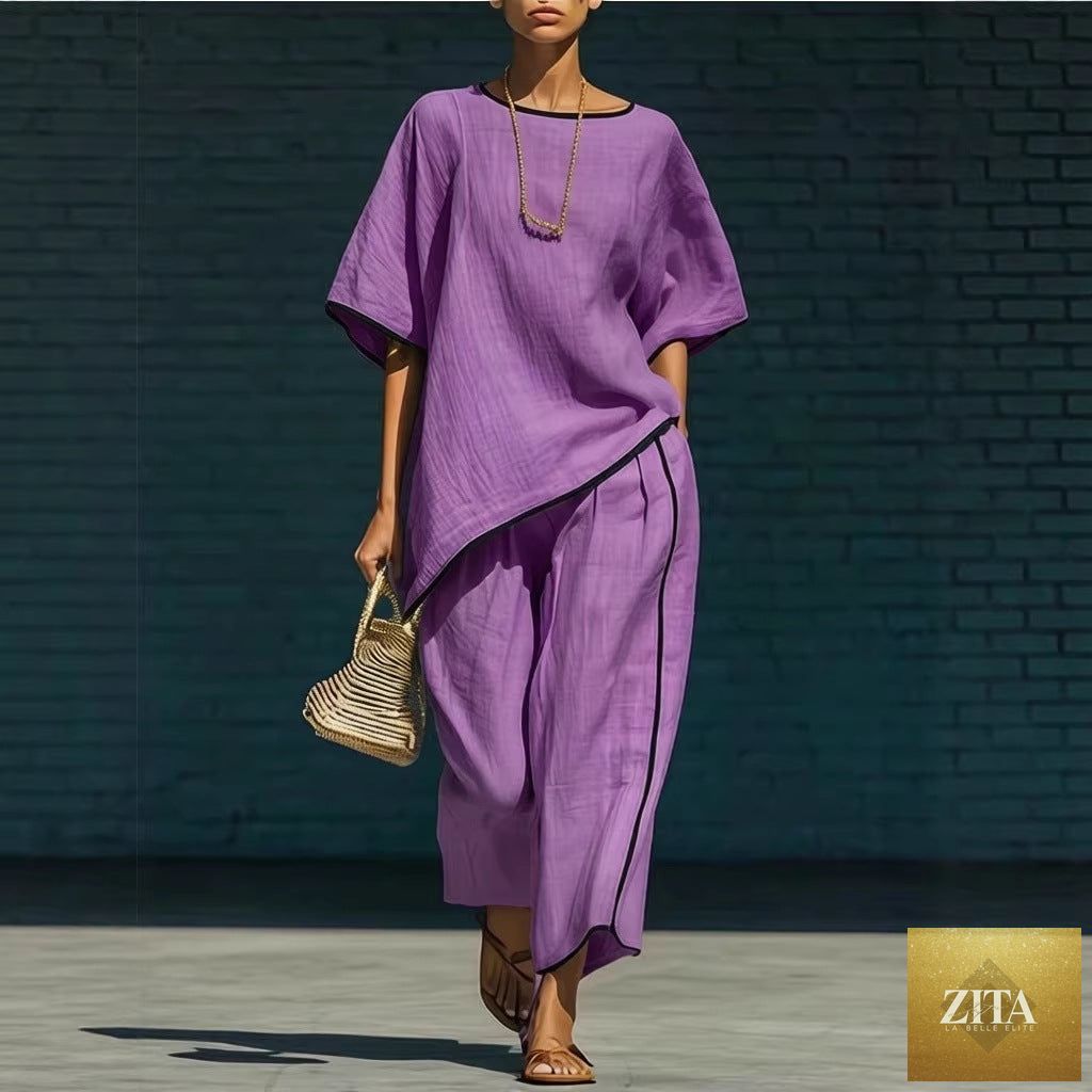 Women's casual resort loose short-sleeve top and pants set by Zita La Belle Elite, lightweight and comfortable for relaxed wear.