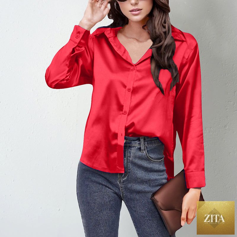Women’s satin lapel button-down blouse by FitiqueFit, casualwear, featuring a silky fabric and classic collar design.