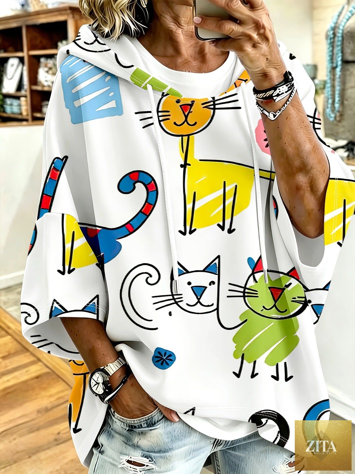 Cartoon Cat Print Hoodie with 3/4 Sleeves & Drawstring