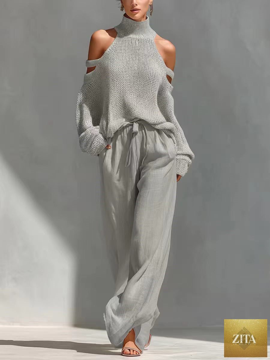 Zita La Belle Elite women's long-sleeve turtleneck top and matching pants set in casualwear style, shown in a neutral color.