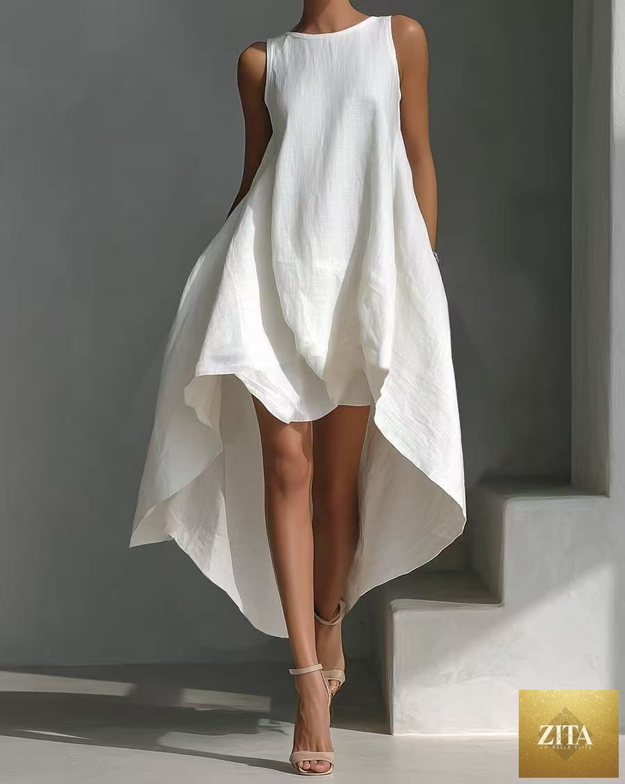 Women's sleeveless high-low linen blend summer dress with irregular hem by FitiqueFit, casualwear perfect for warm weather.