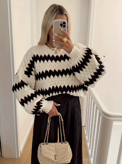 Autumn Winter Women Knitted Pullover Striped Trendy Loose Sweater Crimson Medea