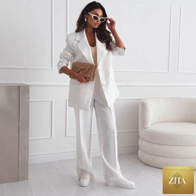 Women's FitiqueFit blazer and trousers suit set with long sleeves and full-length design, perfect for professional office wear.