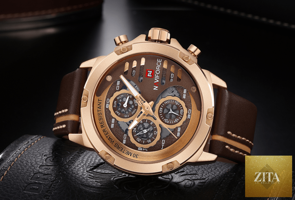 Stevvex men's waterproof sports watch with chronometers, leather belt, multifunction dial, and unique design for active wear.