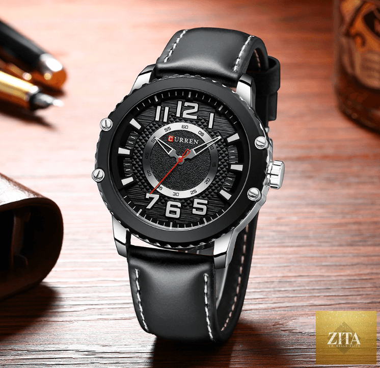 Men's waterproof sport watch with leather belt from Stevvex, large numeric dial, sporty design, perfect for active wear.