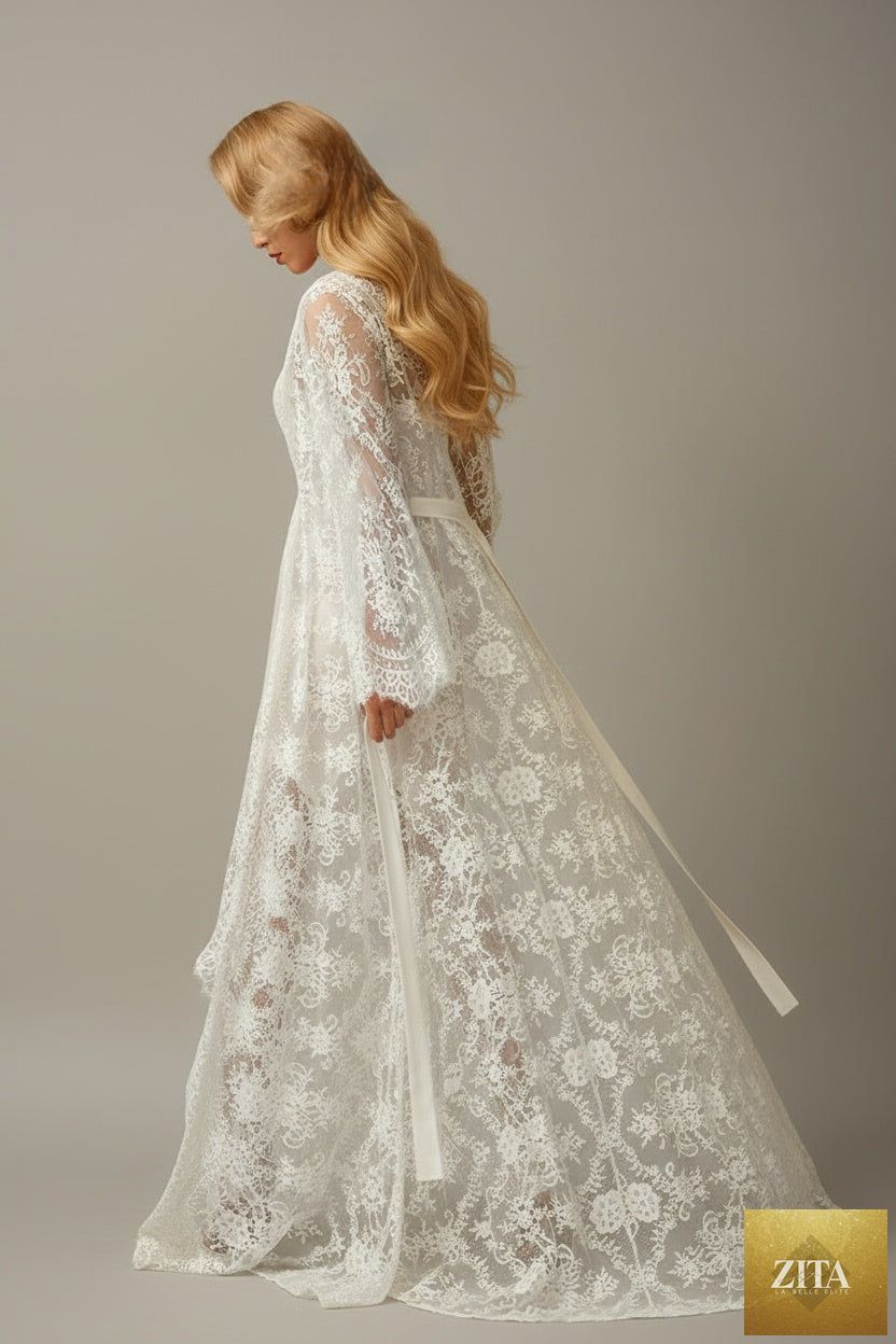 SelenaHuanStudio luxrobe featuring Chantilly lace long robe with silky satin nightgown, elegant and soft for comfortable sleepwear.