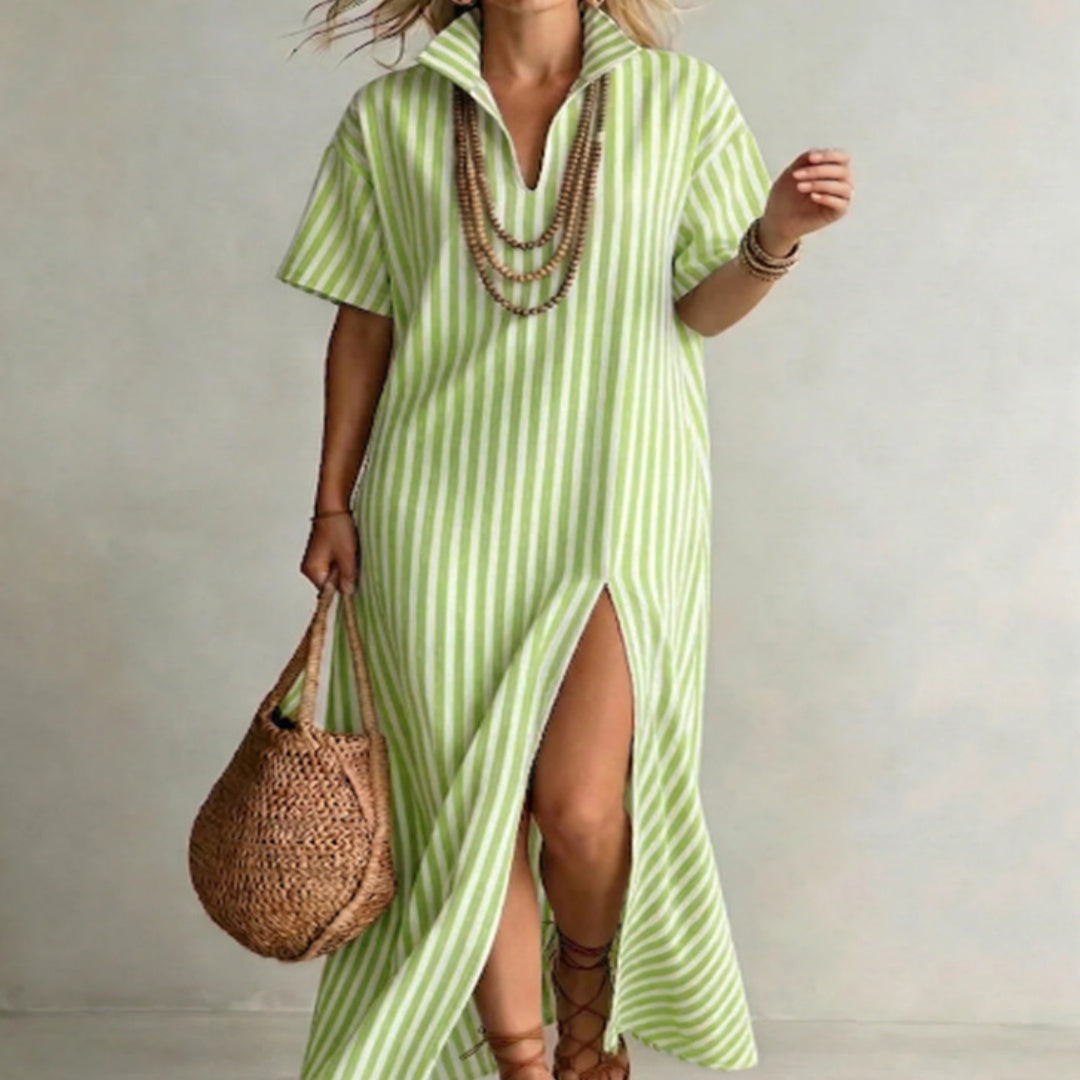 Women's Striped Slit Cotton-Linen Maxi Dress – V-Neck Short Sleeve