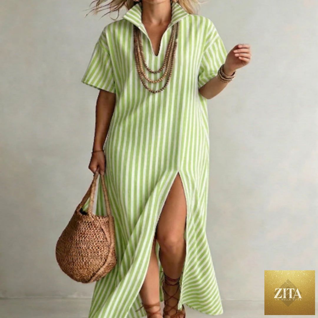 Women's FitiqueFit striped cotton-linen maxi dress with V-neck, short sleeves, and a side slit, perfect for casual wear.