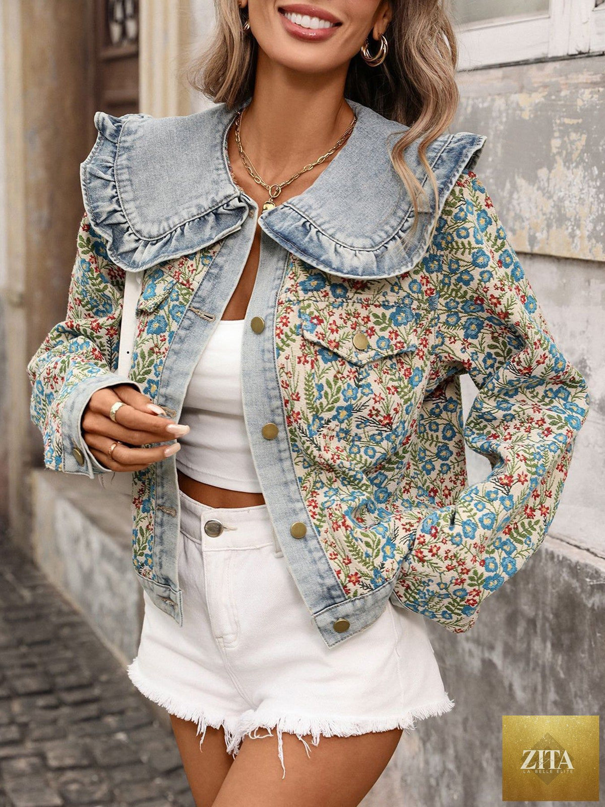 Women's denim jacket with jacquard pattern, ruffled Peter Pan collar, long sleeves, blue casualwear from FitiqueFit.