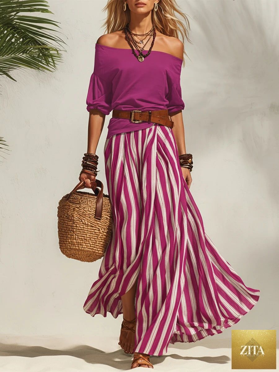 Zita La Belle Elite women's off-shoulder top and slit maxi skirt set in casualwear, shown in a stylish, relaxed fit.