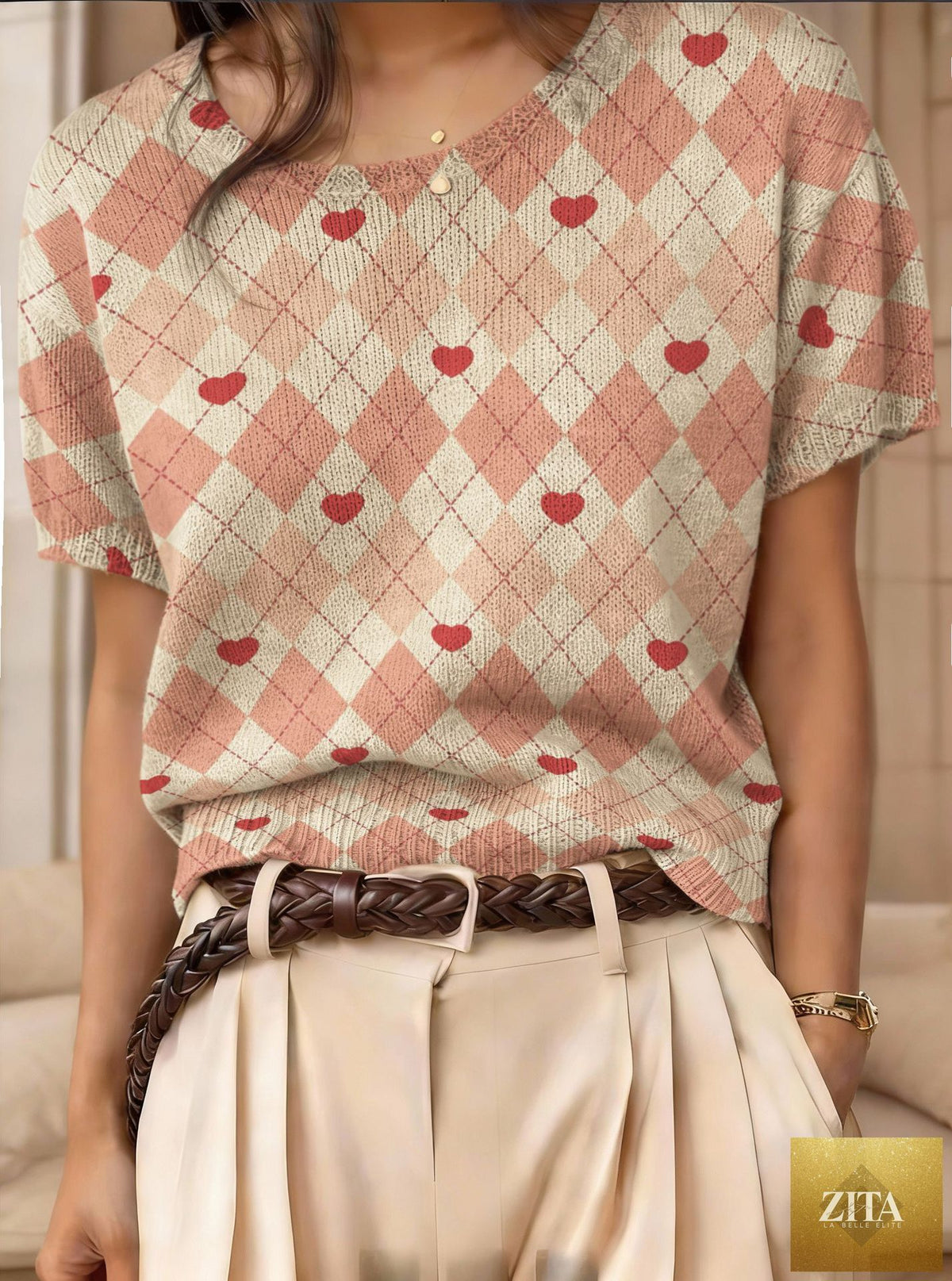 Women's retro short-sleeve jacquard knit top by Zita La Belle Elite, casualwear featuring intricate woven pattern and comfortable fit.