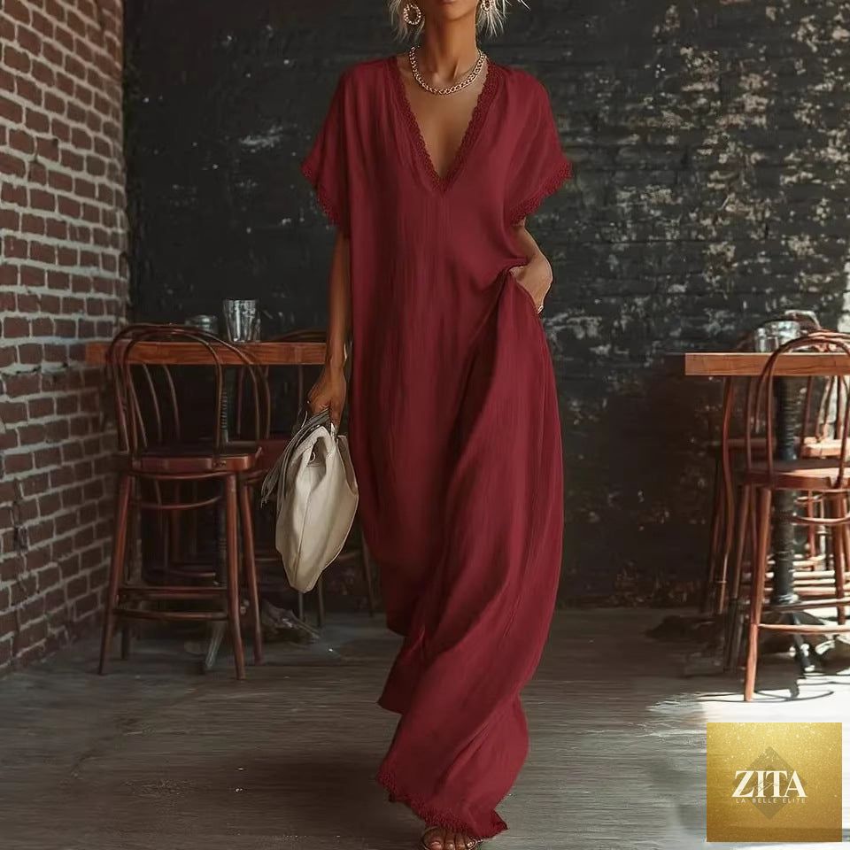 Lace-trimmed loose linen cotton long dress for women by Zita La Belle Elite, casualwear with flowing fit and elegant details.