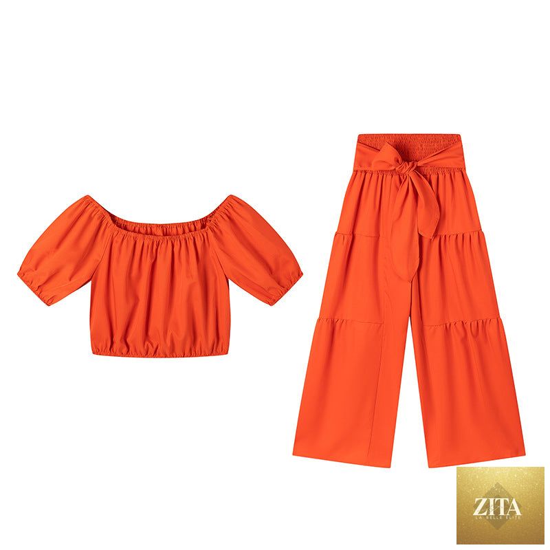 Zita La Belle Elite high-waist flared pants and top two-piece casualwear set in 7 colors, size S–2XL, shown on a model.