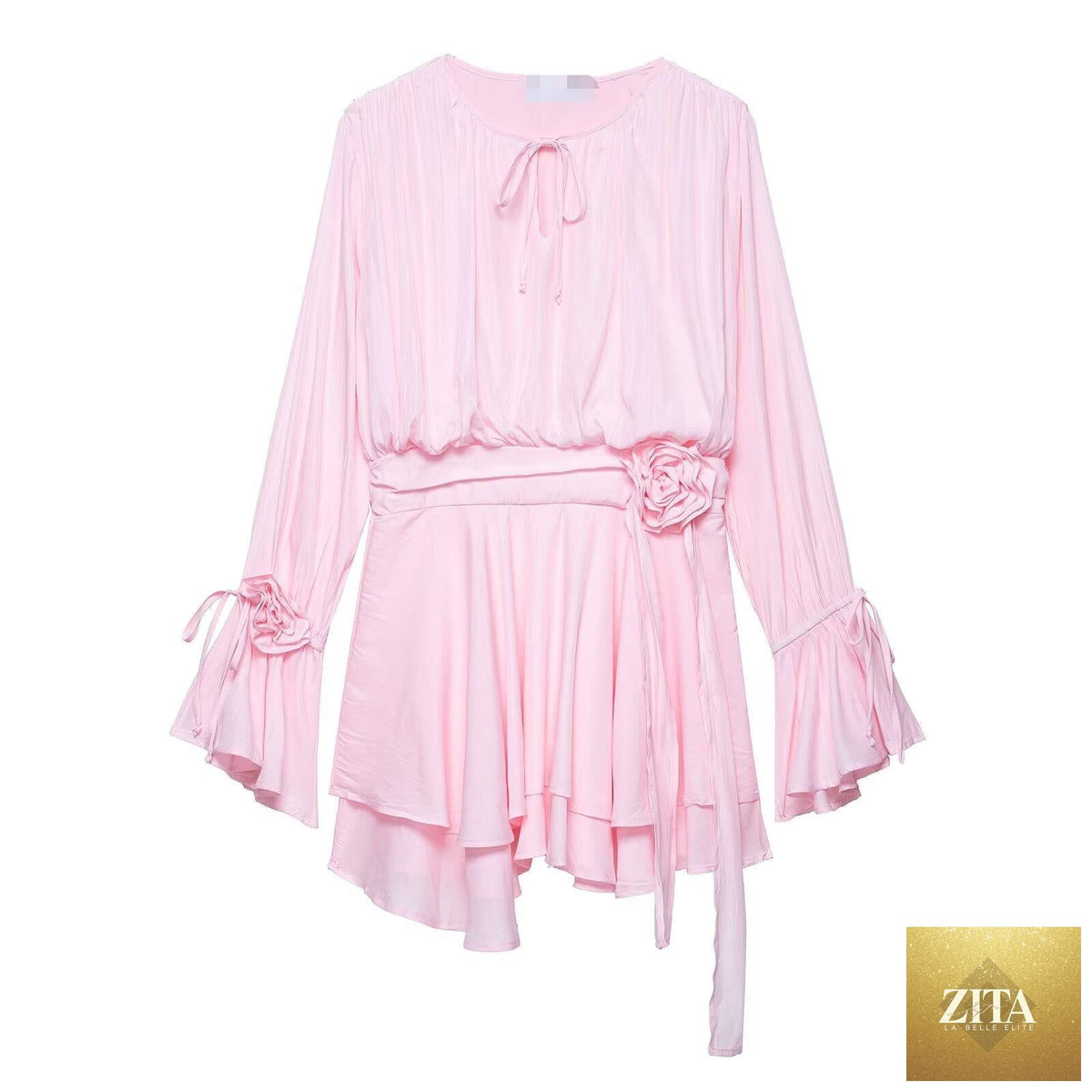 Bella Mia summer women’s long sleeve dress with three-dimensional floral pattern and streamer design, perfect for warm weather.