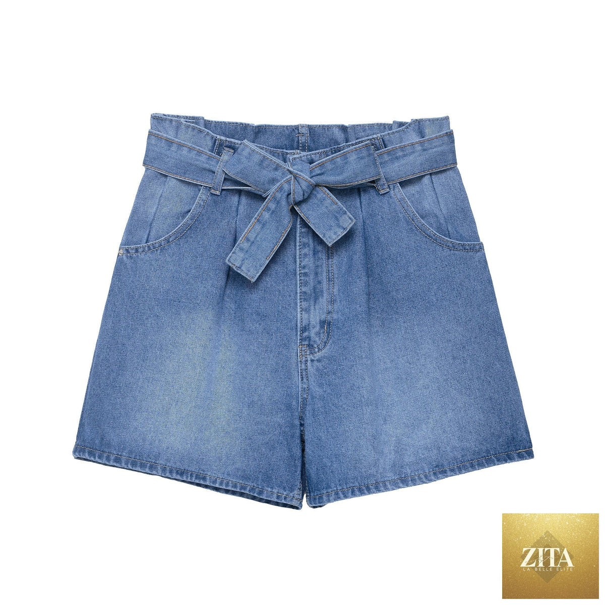 Women’s high waist paper bag denim shorts with casual fit and decorative pockets, from Wanita Store.