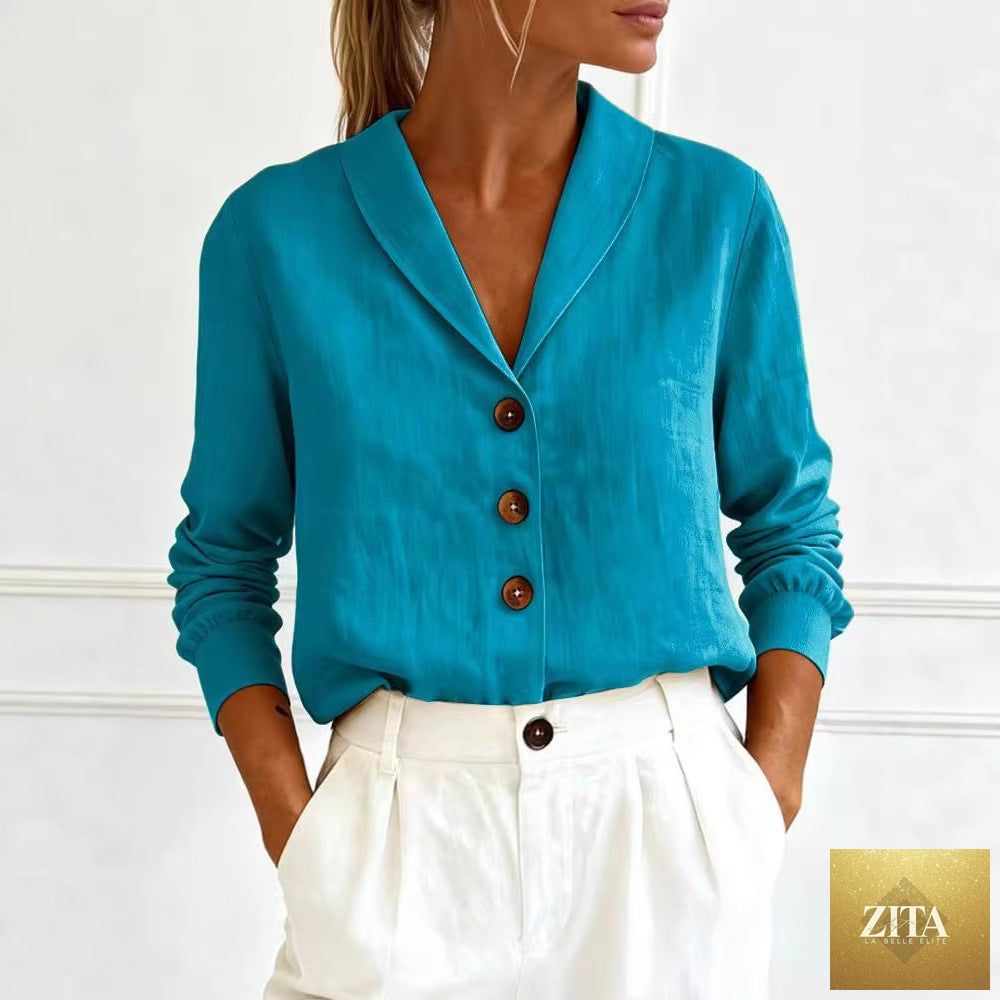 Women's cotton-linen Peter Pan collar button-up shirt by Zita La Belle Elite in six colors, shown in a stylish casual top.
