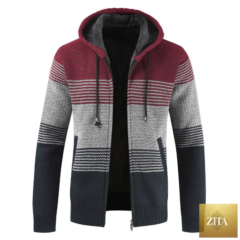 Men's autumn winter hooded sweater cardigan by FLIPSTYLEZLLC, featuring a cozy knit coat with a front zipper and hood.