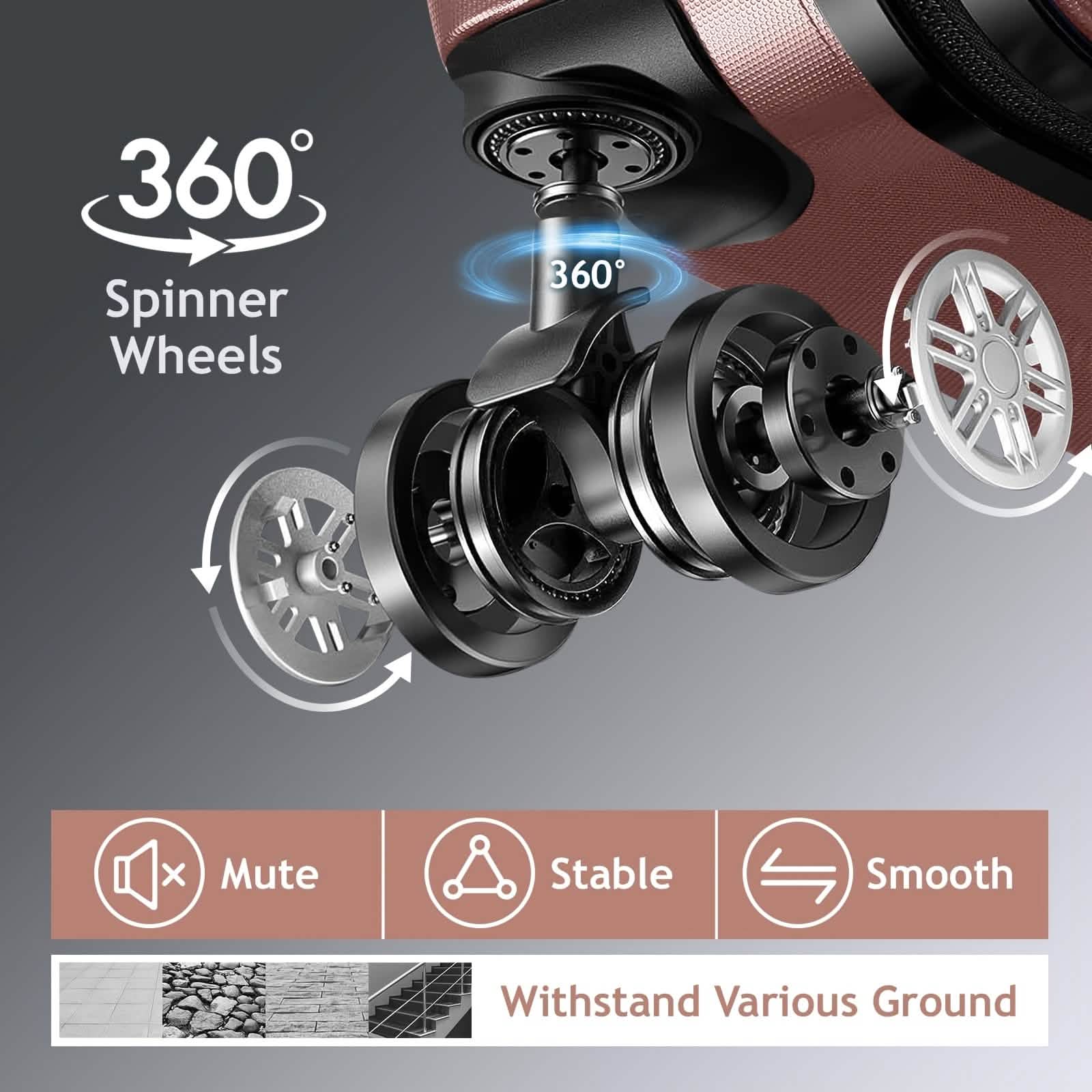 Three-piece hard shell travel luggage set with TSA locks and 360° spinner wheels, including 20, 24, and 28-inch suitcases.