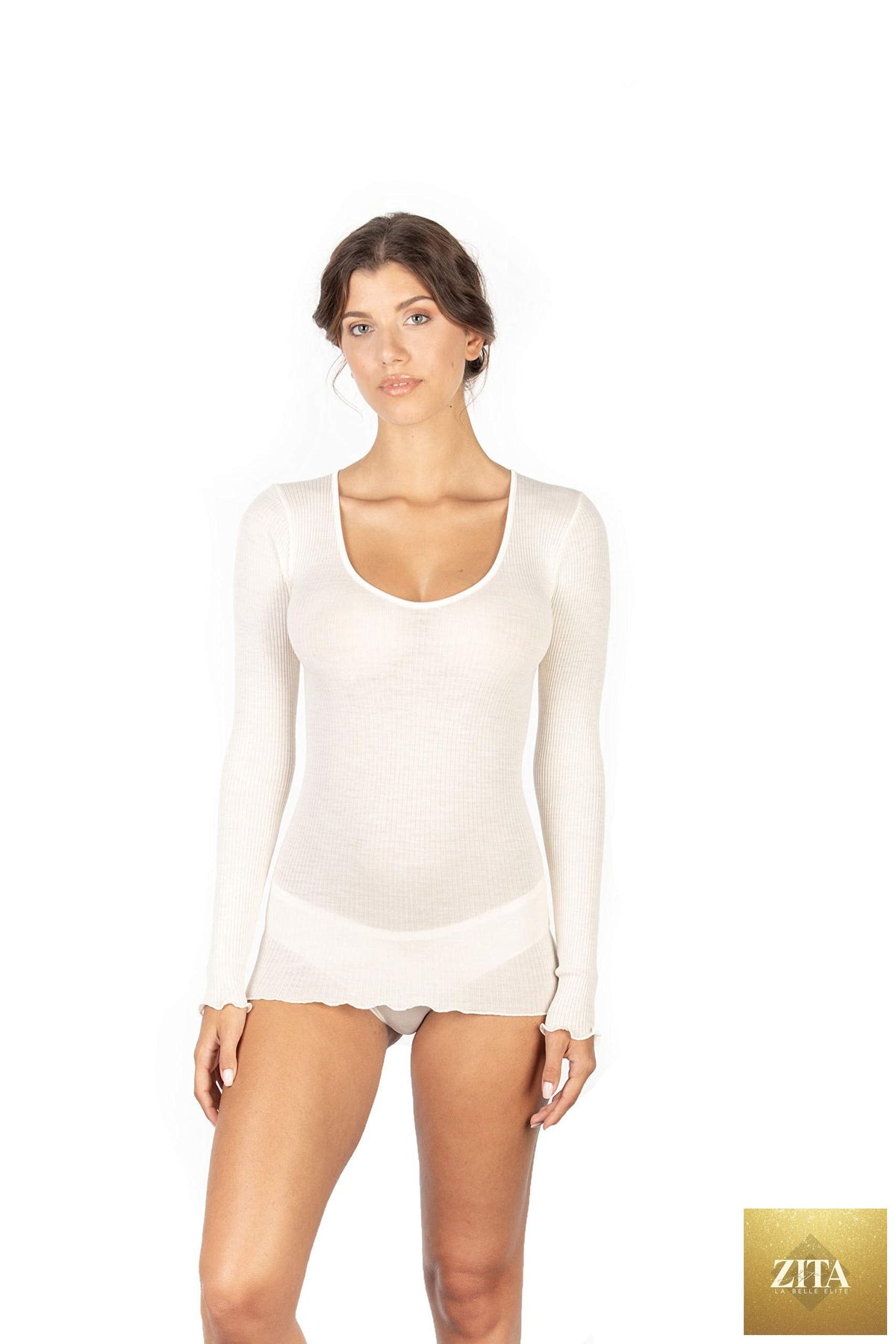 EGi luxury wool silk long sleeve top with satin trim by Tittimitti, in white, made in Italy, shown with a close-up of fabric and details.